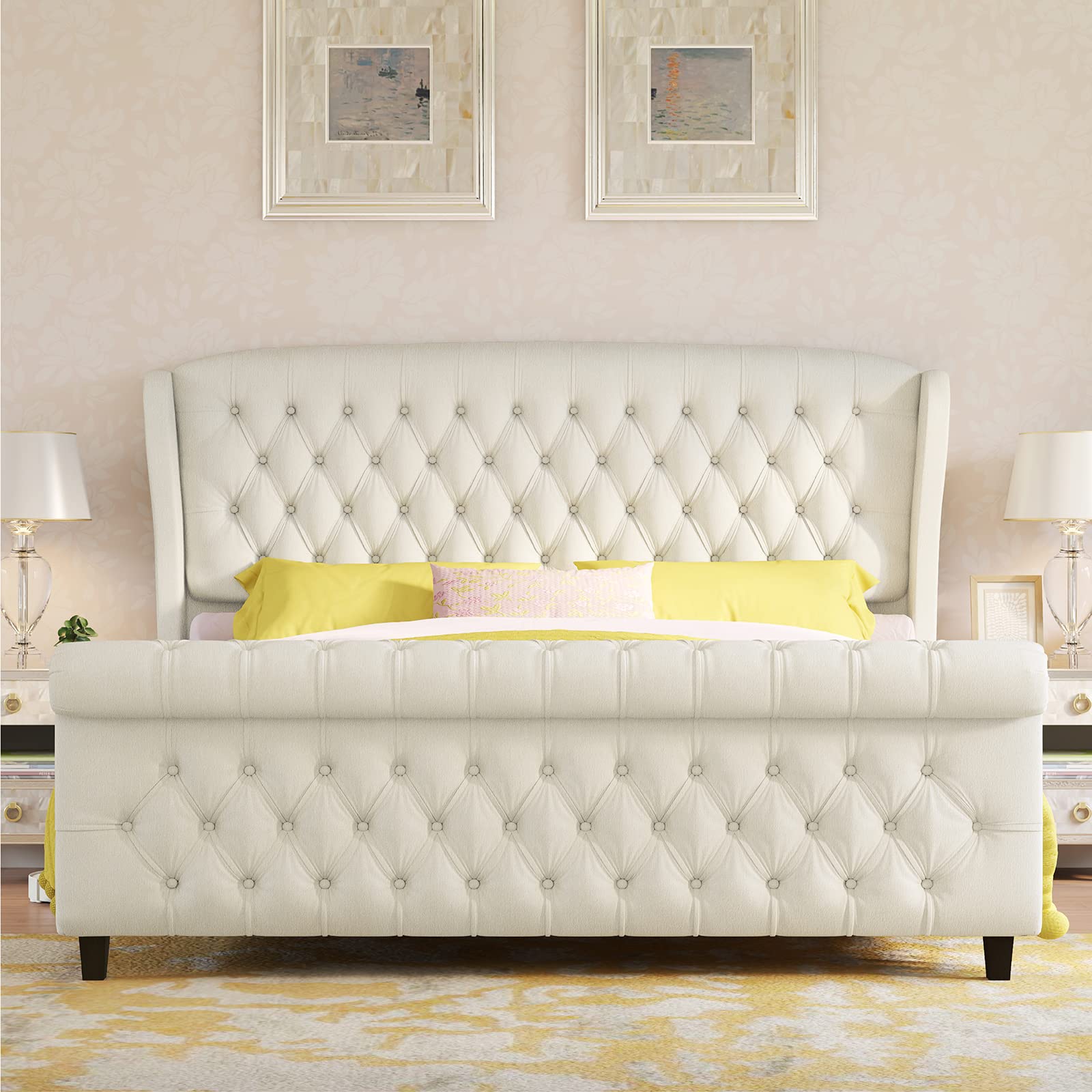 King Size Platform Bed Frame, Chenille Upholstered Sleigh Bed