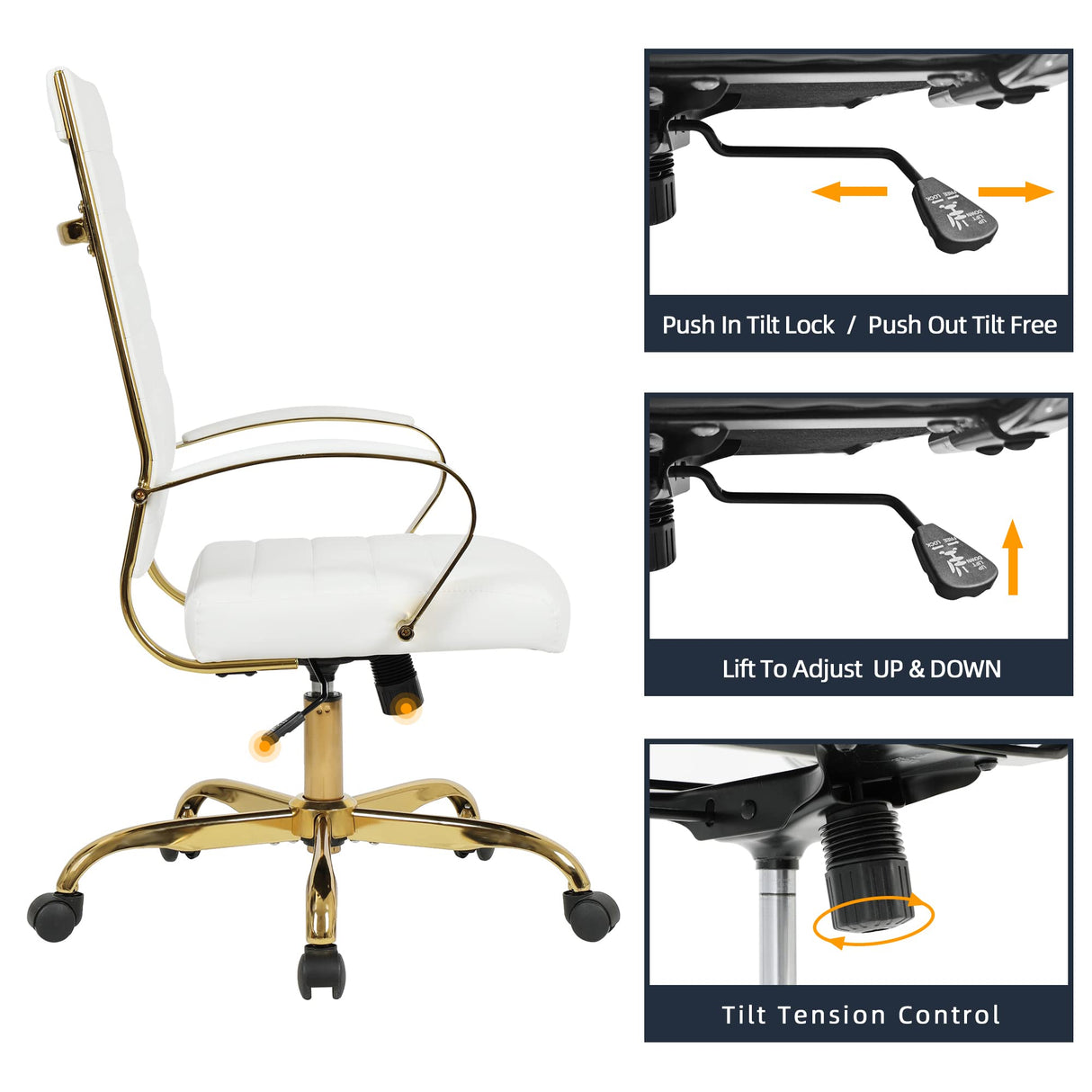 High Back Executive Office Chair - Ribbed PU Leather with Gold Frame