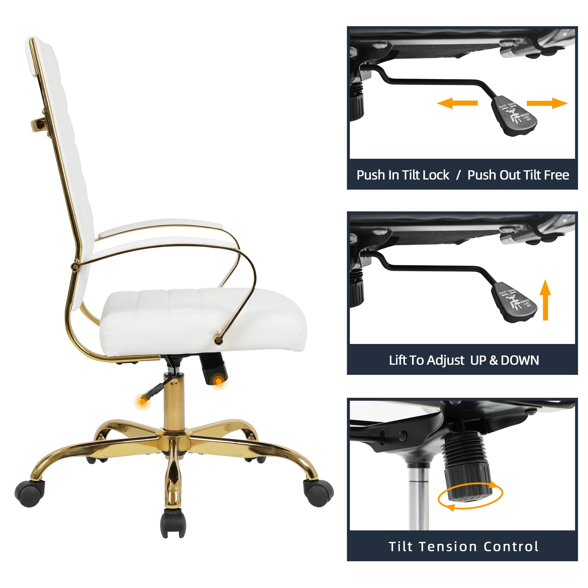 High Back Executive Office Chair - Ribbed PU Leather with Gold Frame