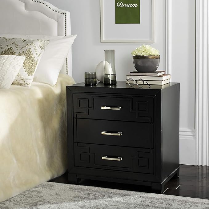 Raina Three Drawer Greek Key Night Stand, 0, Navy