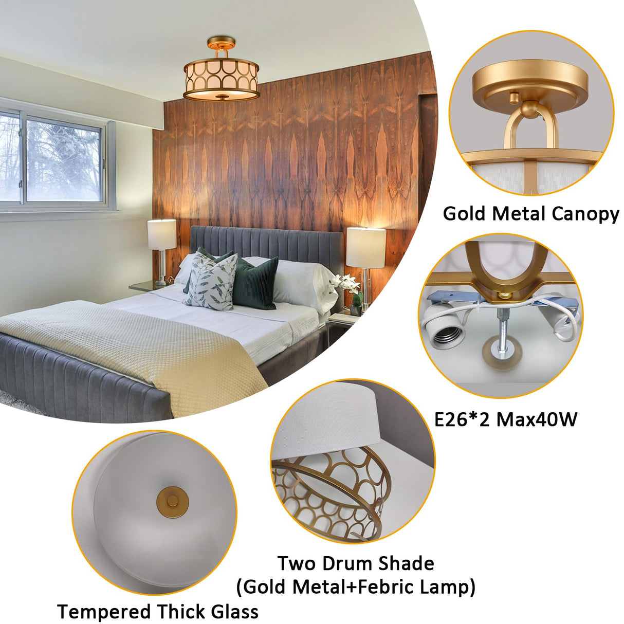 Gold Semi Flush Mount Ceiling Light 12.99" 2-Light Double Modern Drum Light Fixtures