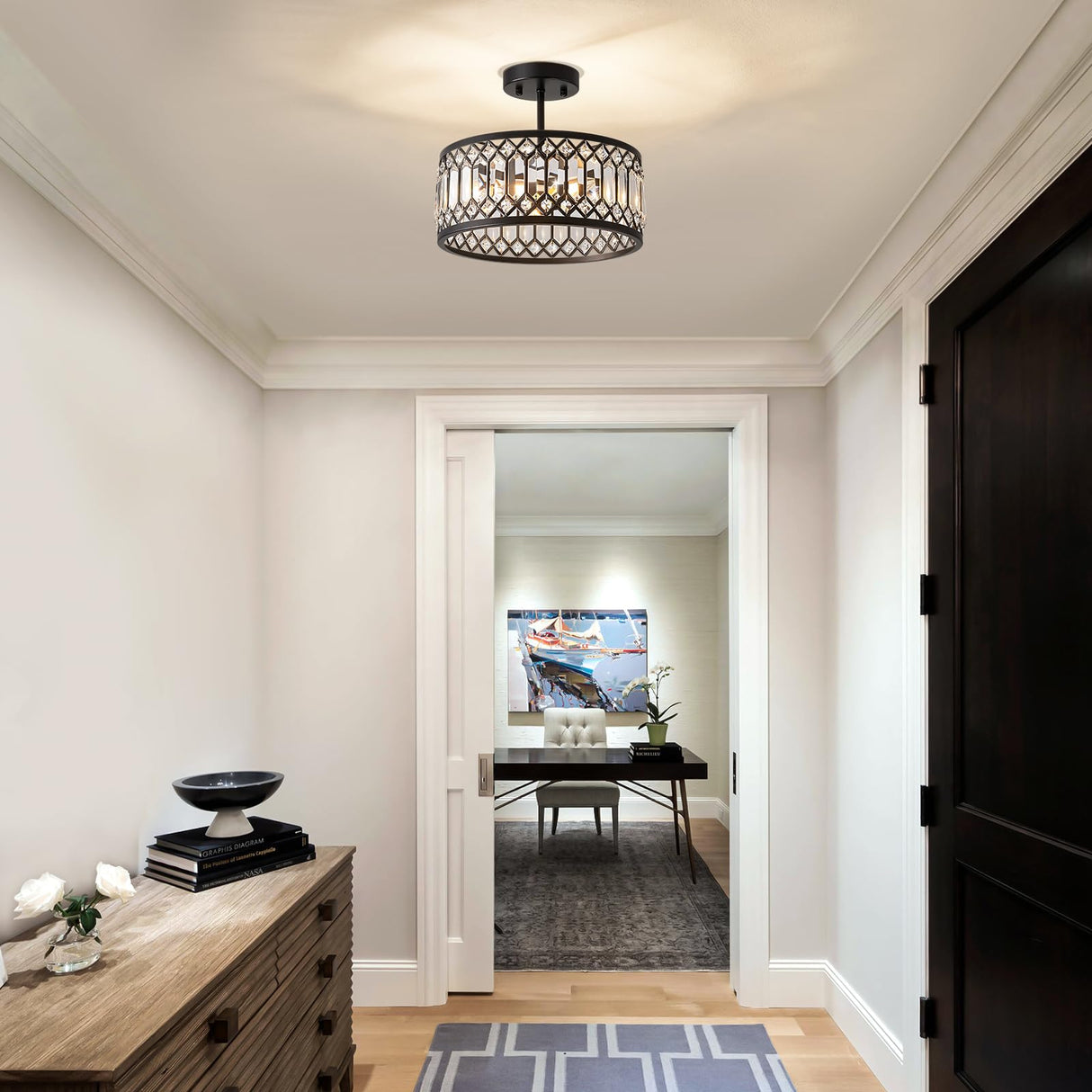 Pevfah Crystal Black Ceiling Light, Modern Semi Flush Mount Ceiling Lighting Fixture, Round Hallway Lighting Fixtures Chandelier for Kitchen Entryway Bedroom Dining Room, 3-Light, 12.2 Inch