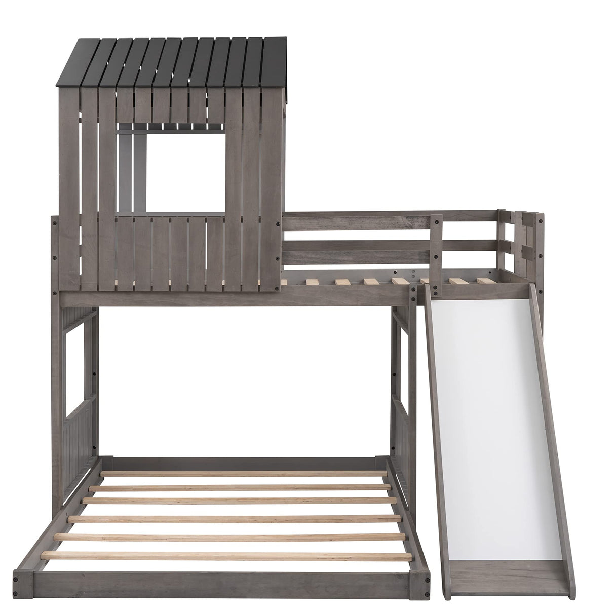 House Bunk Beds with Slide, Wood Twin Over Full Bunk Beds with Roof and Guard Rail