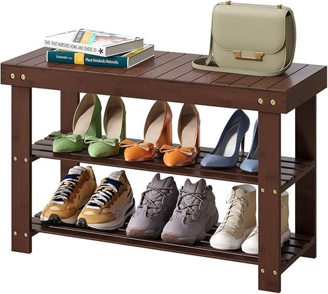 Bamboo Shoe Bench, 3-Tier Shoe Rack with 1.6" Thick Padding, Stable Shoe Organizer