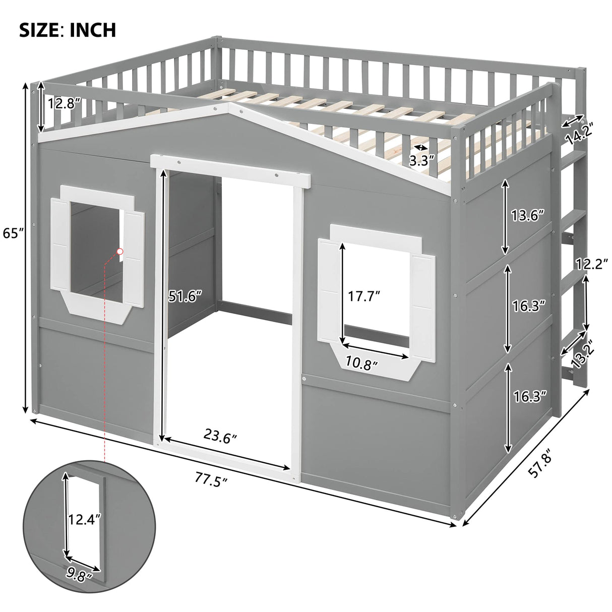 House Loft Bed Full Size Kids Playhouse Bed, Solid Wood Loft Bed Frame with Window