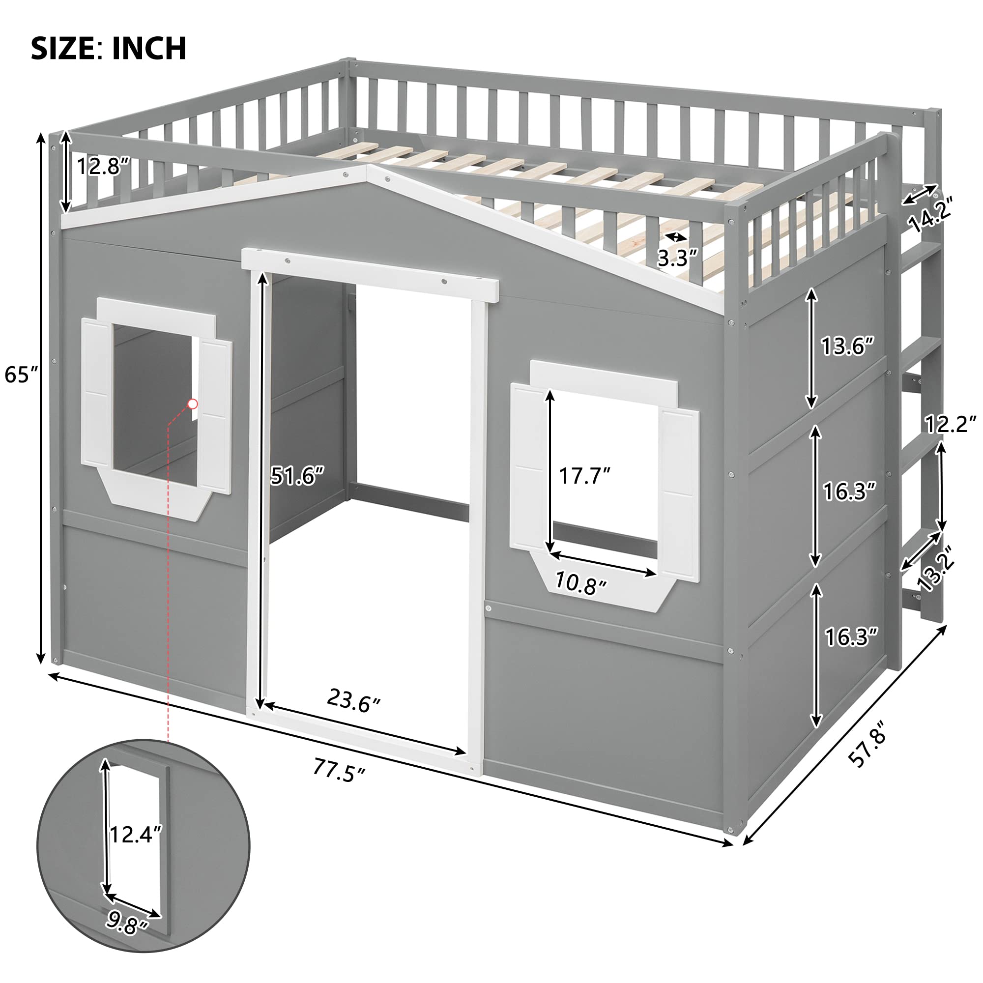 House Loft Bed Full Size Kids Playhouse Bed, Solid Wood Loft Bed Frame with Window
