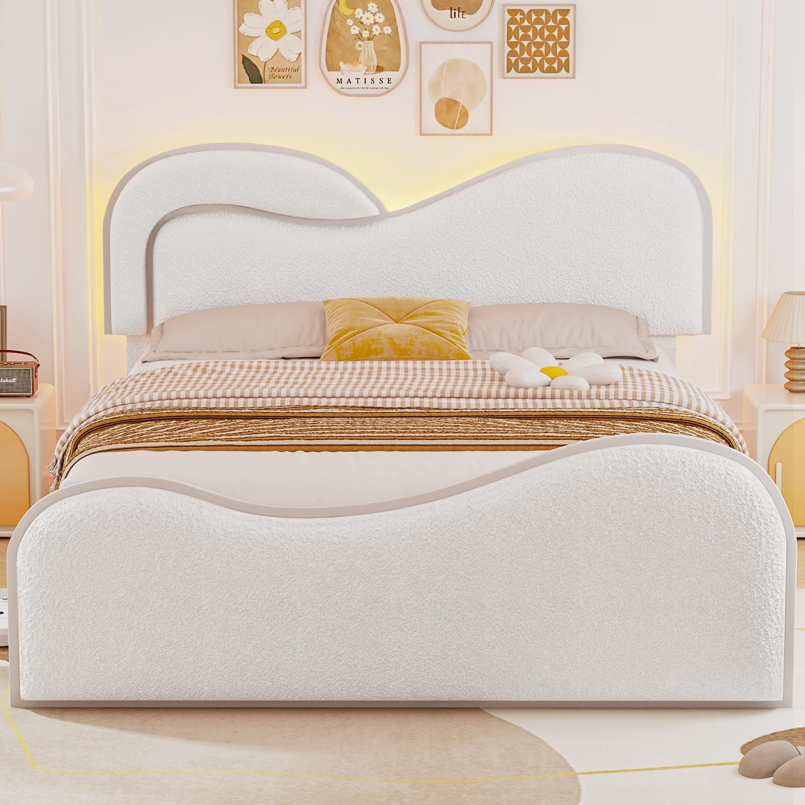 Full Platform Bed Frame with Heart Headboard & LED Lights