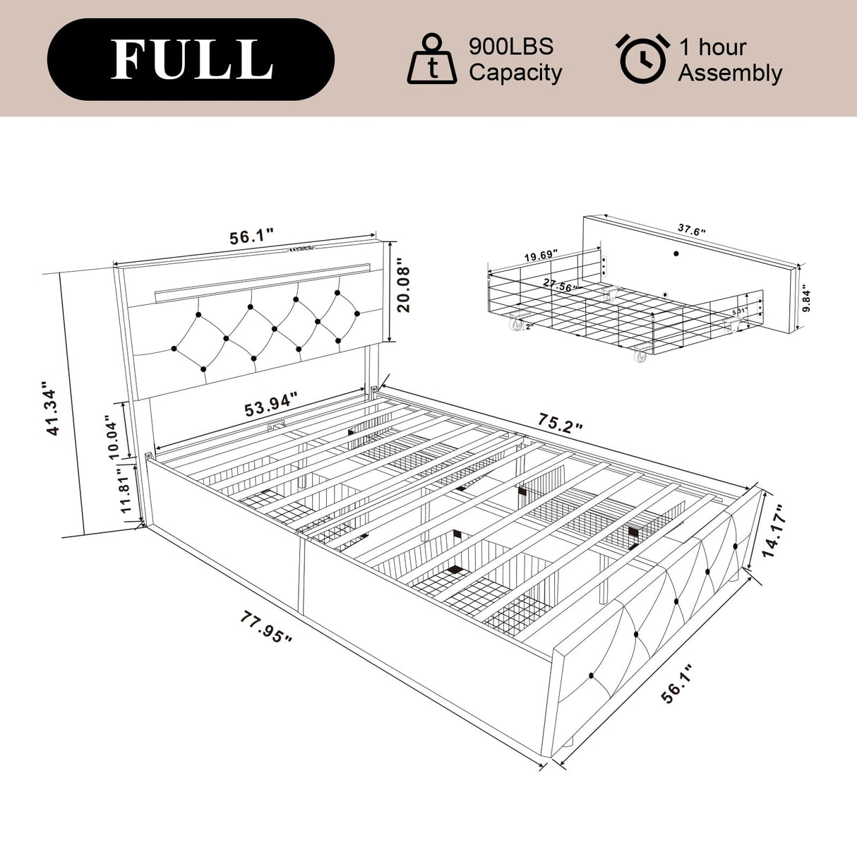 Full Size Bed Frame with 4 Drawers and Charge Station, PU Leather Upholstered Bed