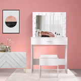 Vanity Table Set with Lighted Mirror - Makeup Vanity with Lights, Adjustable Brightness, Large Drawer Sturdy Wood Vanity, White 80x40x140cm