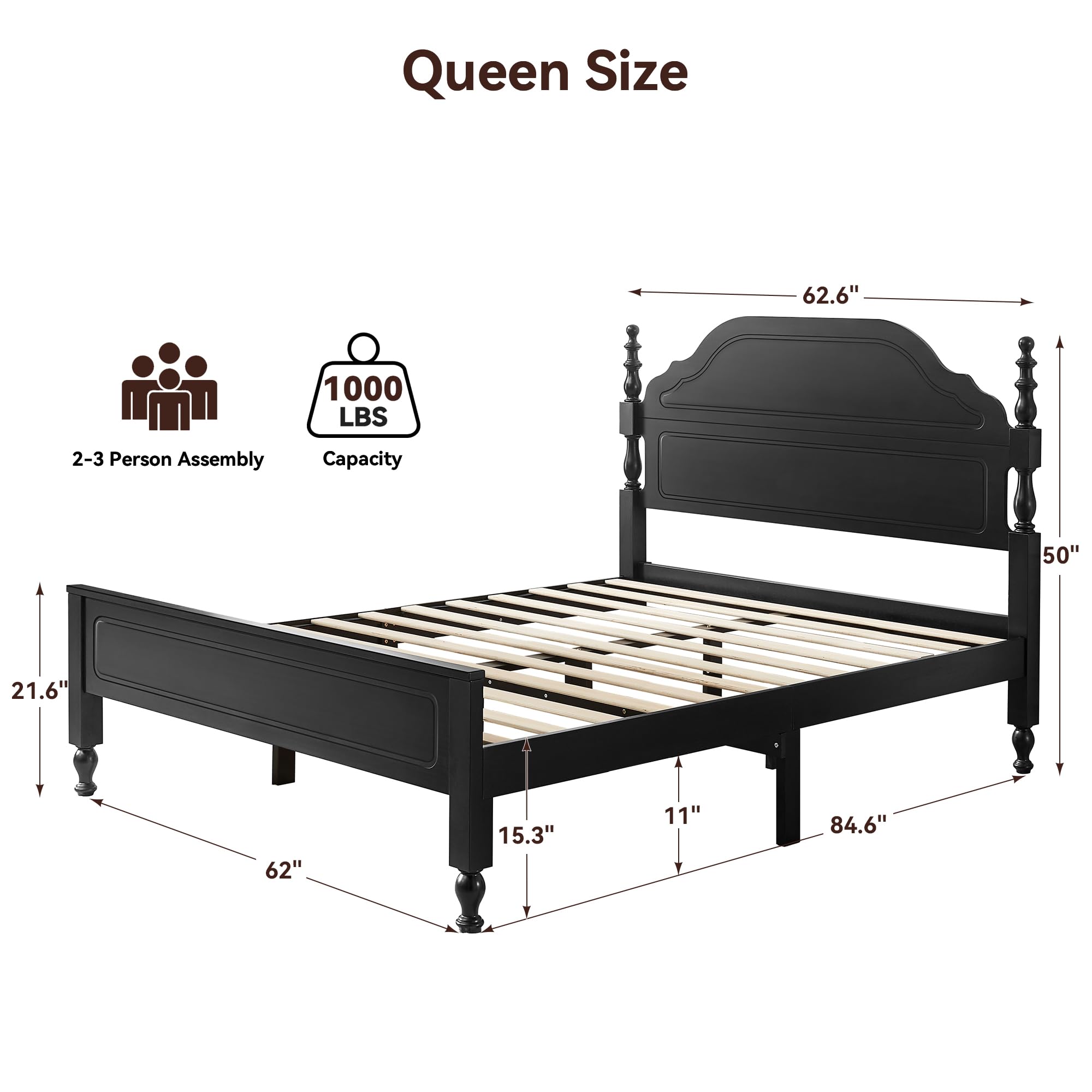 Solid Wood Queen Bed Frame with Headboard - Heavy Duty Platform Bed, No Box Spring Needed