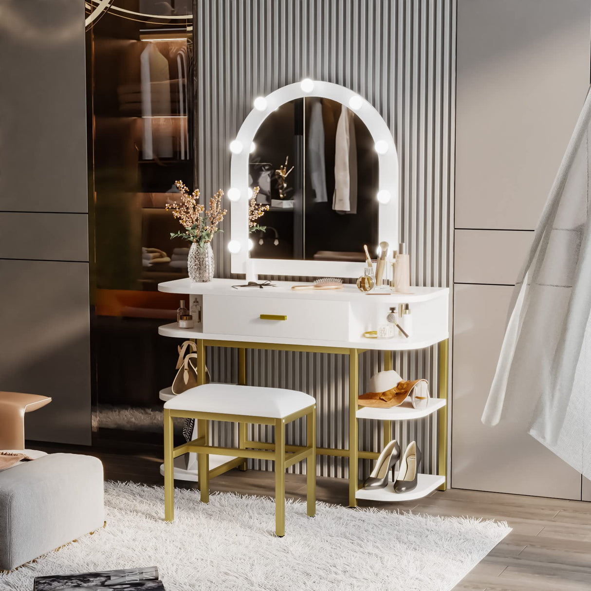 White Vanity Desk with Mirror and 9 LED Light Bulbs, Makeup Vanity Desk with Drawers and Stool