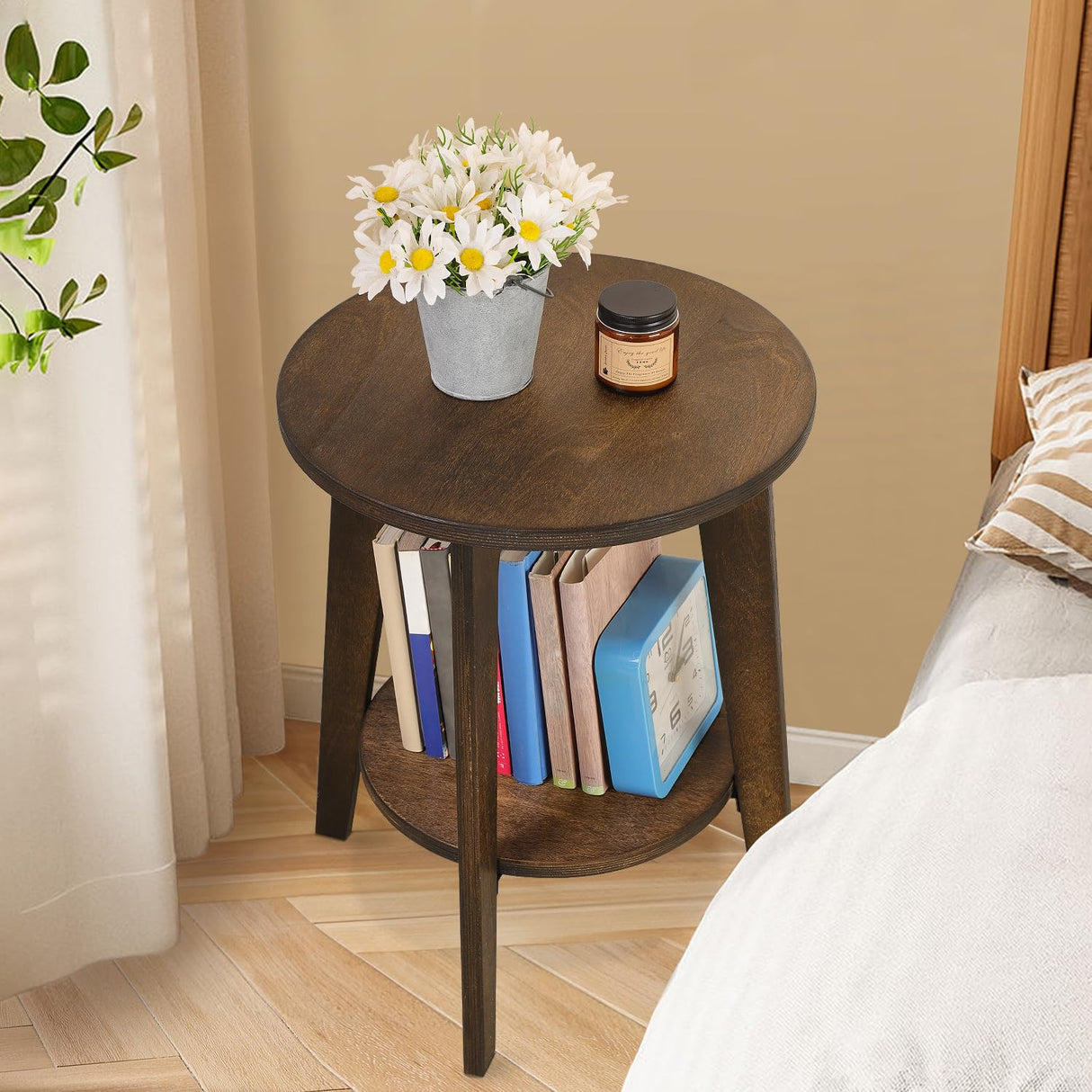 Round End Table Small Farmhouse Accent Side Table with Storage Shelf