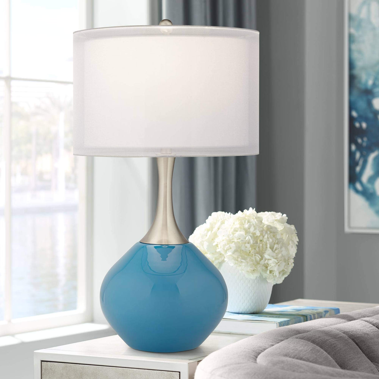 Modern Table Lamp 30.5" Tall Brushed Nickel Silver Metal Swift Blue Glass