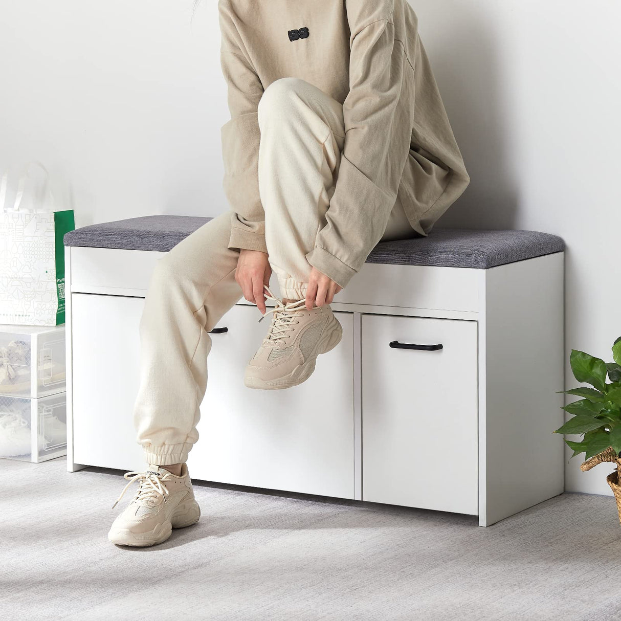 Seat Cushion, Shoe Bench with Hidden Storage Space and Flip-up Drawer for Hallway