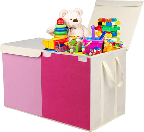 Large Kids Toy Box Chest Storage organizer with Double Flip-Top Lid - Collapsible Sturdy Toy Organizers And Storage Bins