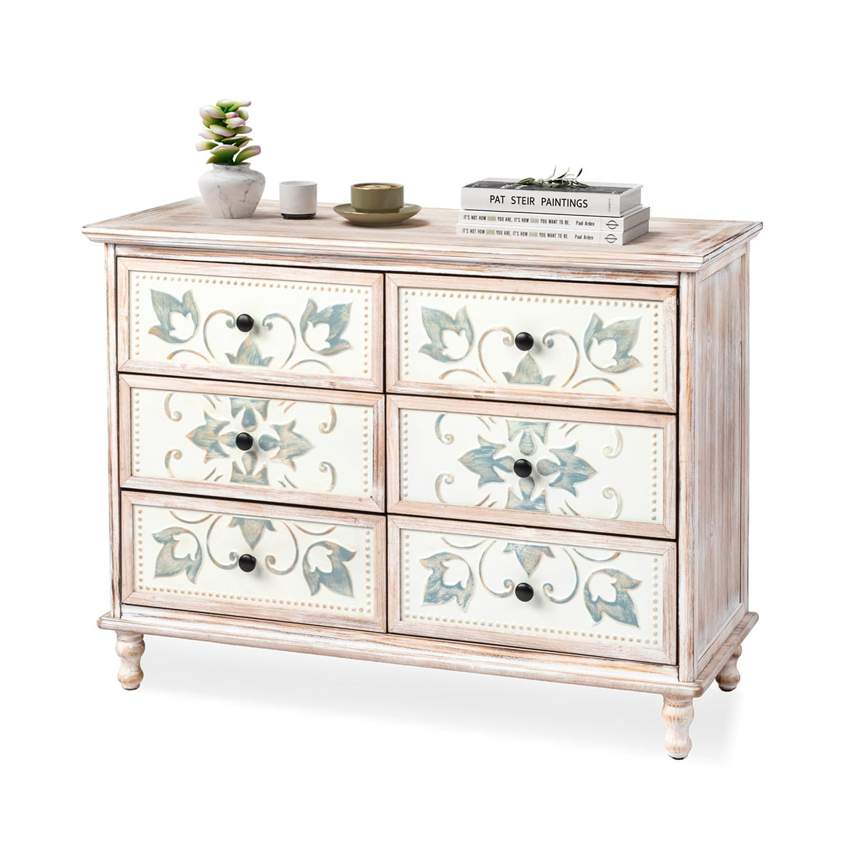 Dresser for Bedroom, Washed White 6 Drawer Dresser with Carved Flower Pattern