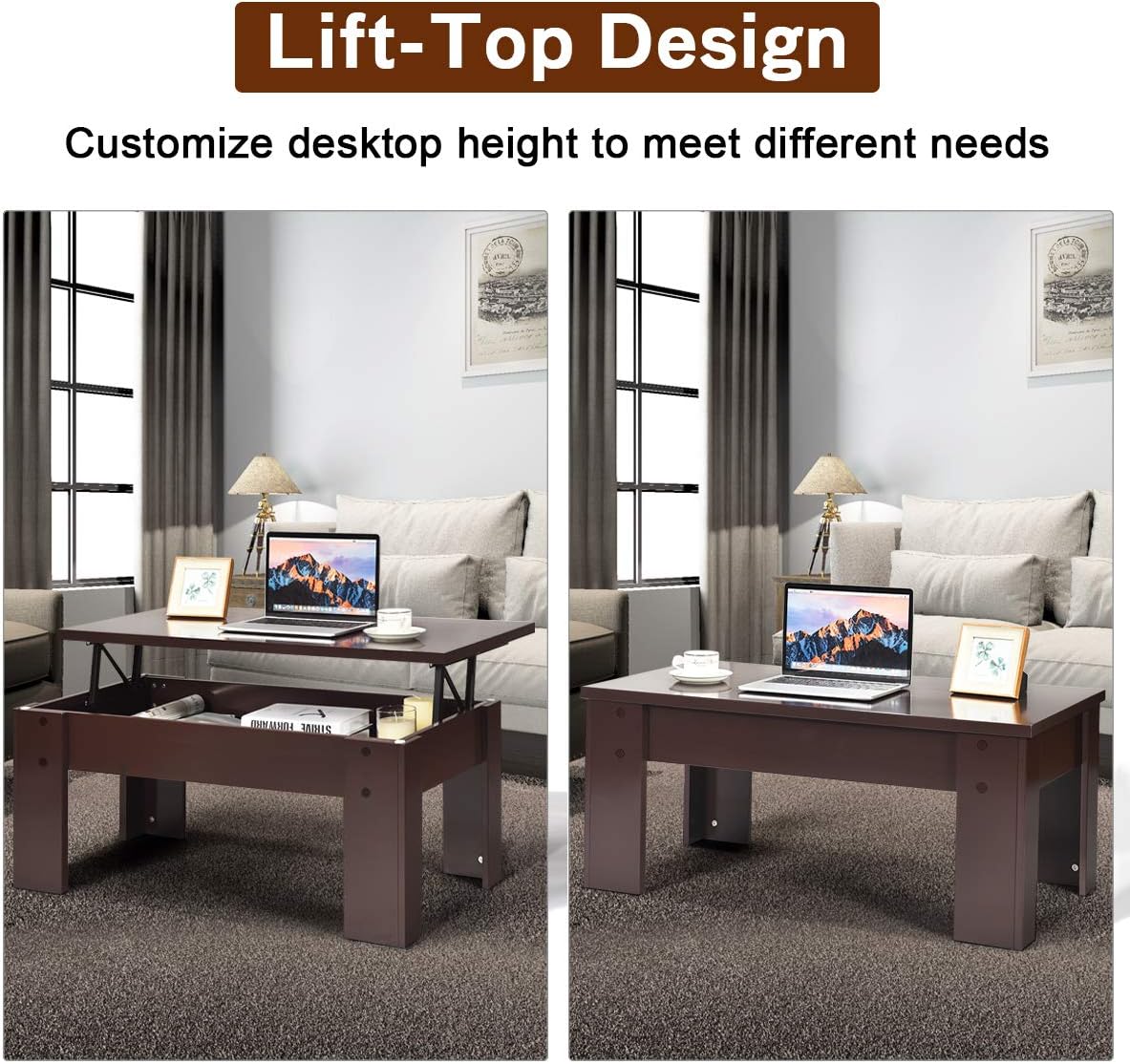 Lift Top Coffee Table, Morder Convertible Coffee Table w/Hidden Storage Compartment