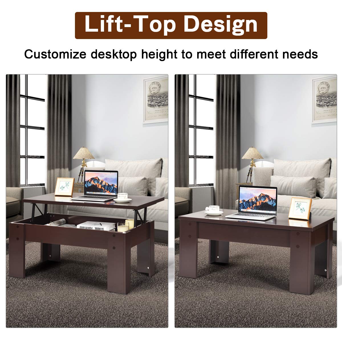 Lift Top Coffee Table, Morder Convertible Coffee Table w/Hidden Storage Compartment