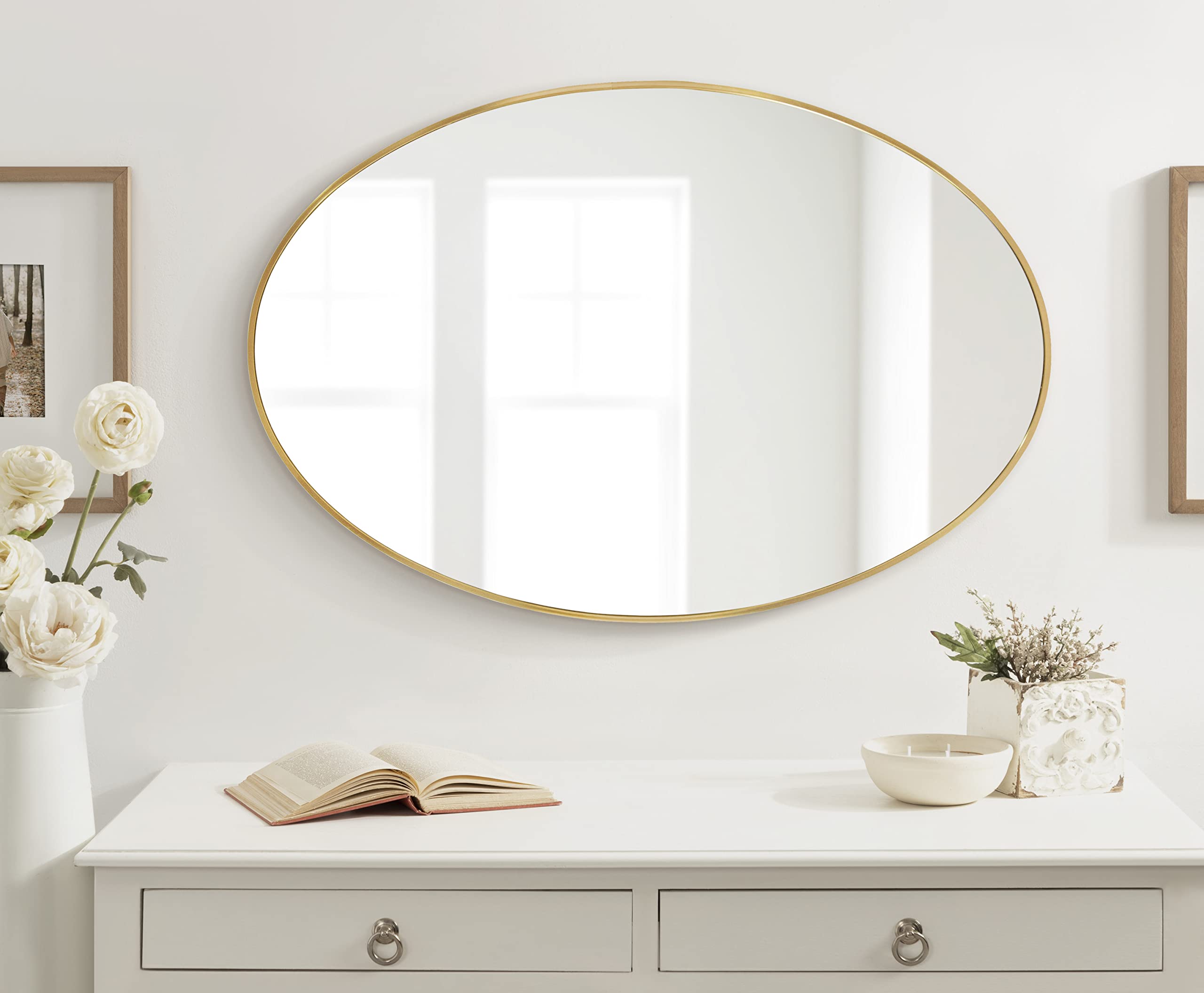 Zayda Modern Traditional Oval Framed Wall Mirror, 24 x 36, Gold, Metal Minimalist Glam