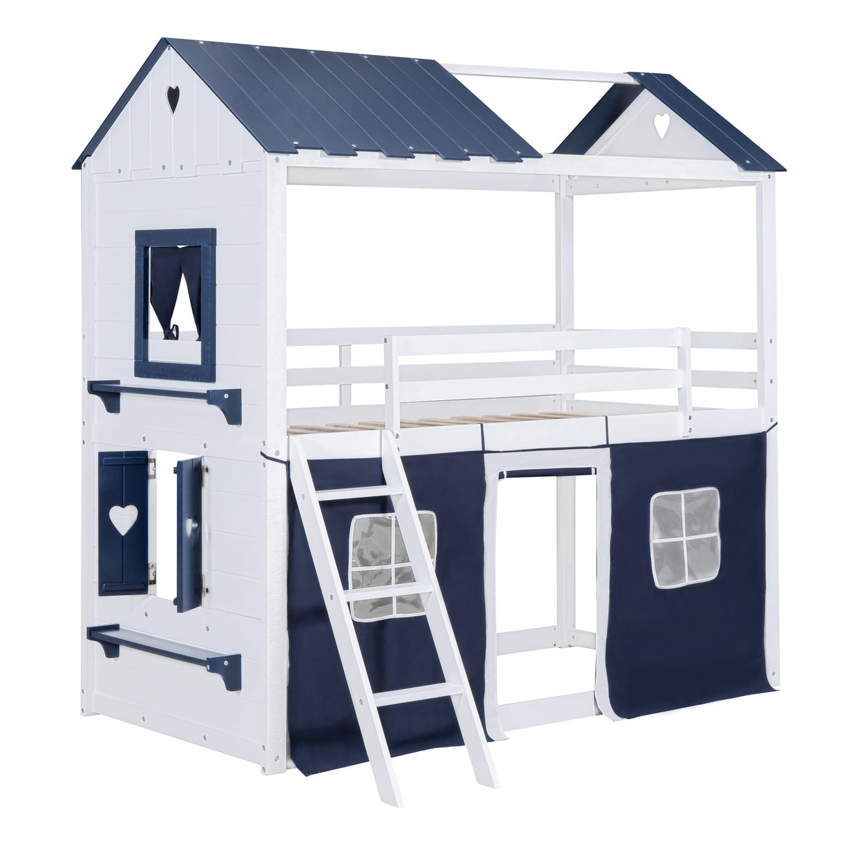 House Full Loft Bunk Bed with Tent, Kids Loft Bed with Ladders,Guardrail