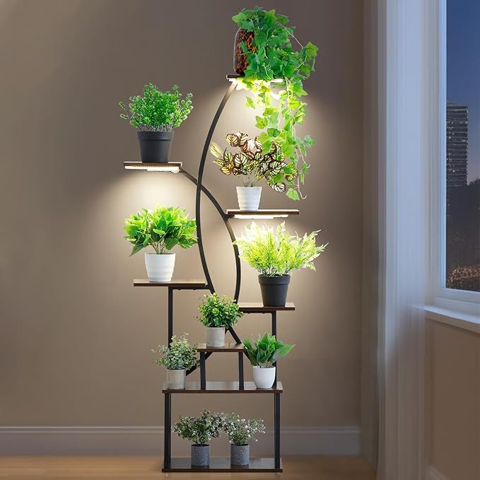 2 Pack Plant Stand Indoor with Growing Light, 7 Tier Tall Metal, Half Moon Shape Large Plant Shelf