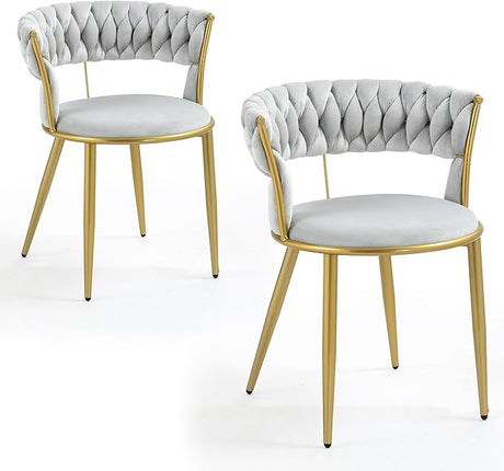 Velvet Dining Chair Set of 2, Tufted Chair with Woven Backrest, Accent Chair with Gold