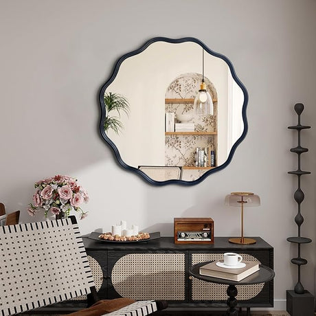 Black Round Mirror, 30" Bathroom Wavy Mirror, Wall Mounted Mirror, Circle Decorative Mirrors for Master Bath Half Bath Bedroom Living Room Bedroom Fireplace Entryway