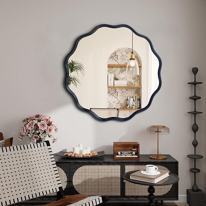 Black Round Mirror, 30" Bathroom Wavy Mirror, Wall Mounted Mirror