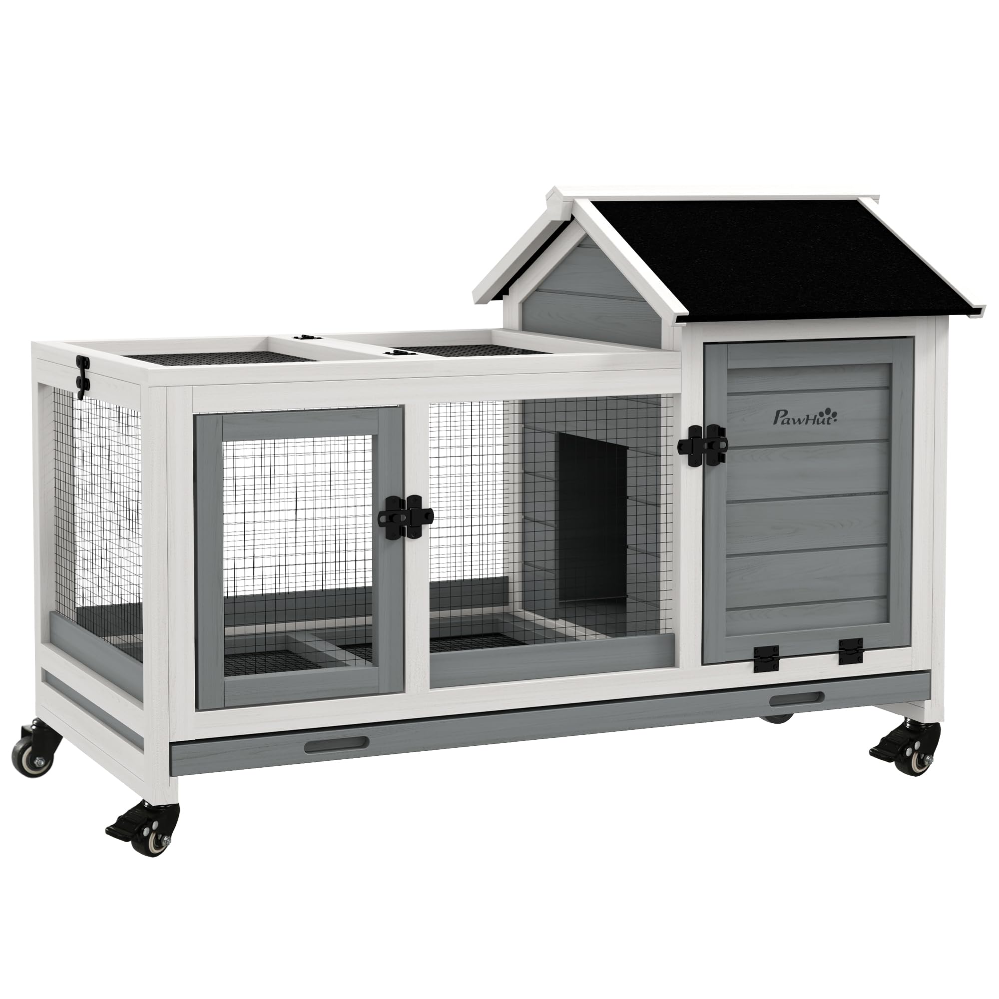 Indoor Outdoor Wooden Rabbit Hutch with Wheels, Large Bunny Hutch