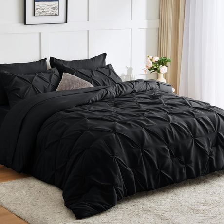 Twin Comforter Set - 5 Pieces Comforters Twin Size Black, Pintuck Bed in A Bag Pinch