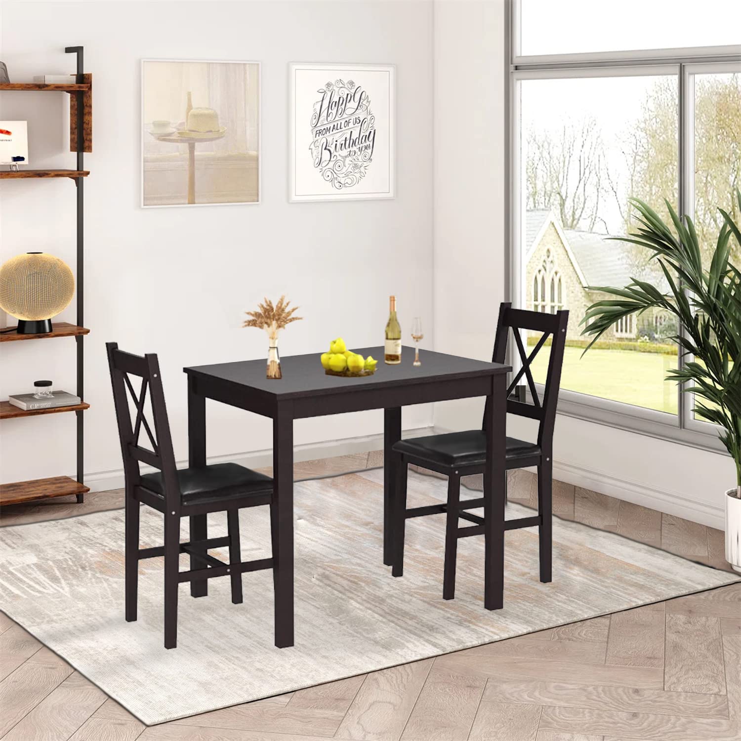 3-Piece Solid Pine Dining Table Set for 2 - Dark Brown