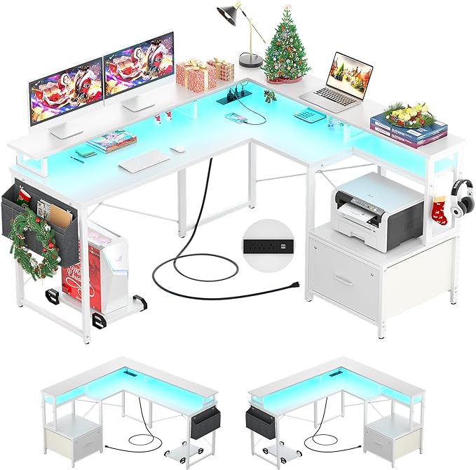 L Shaped Desk with Power Outlet and LED Strip, Reversible L Shaped Computer Desk
