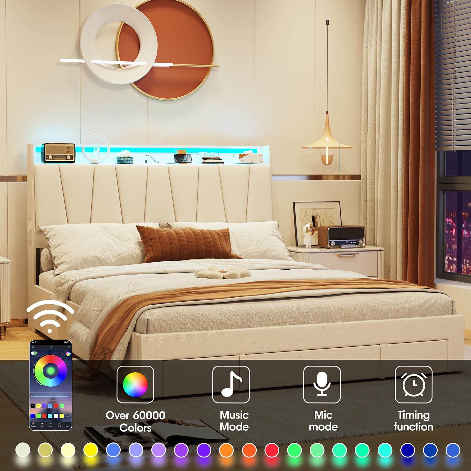 Full Size Platform Bed with Storage Headboard & LED Lights