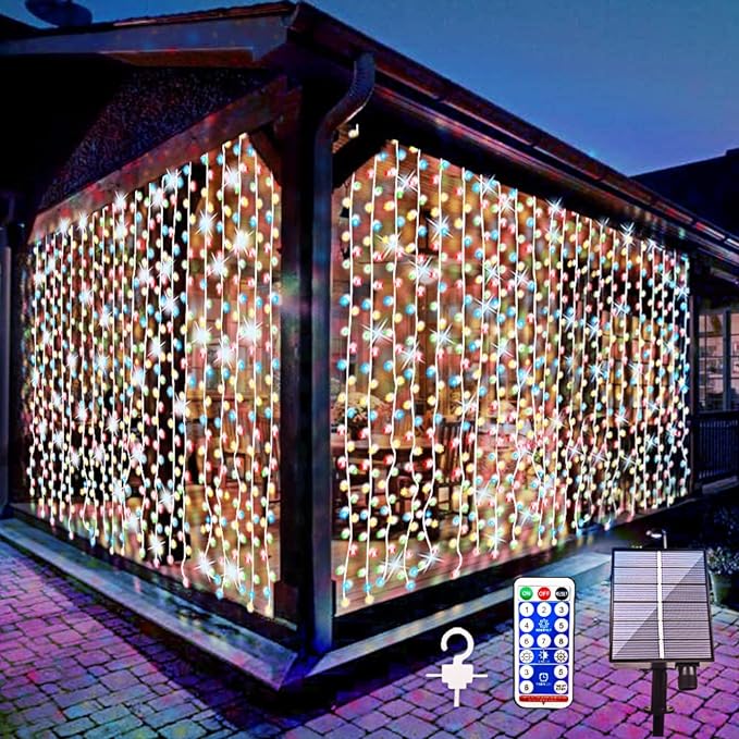 Upgraded Solar Curtain Lights Outdoor Garden Fairy String Lights 300 LED