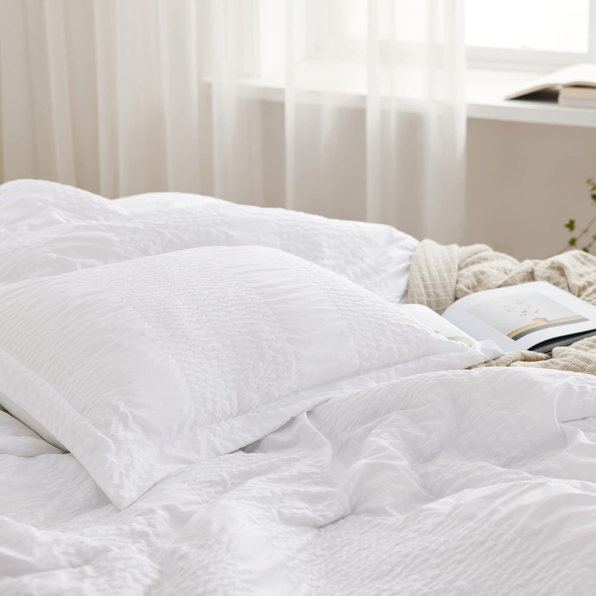 King Comforter Set - 7 Pieces Striped Seersucker Jacquard Comforter Bedding Set