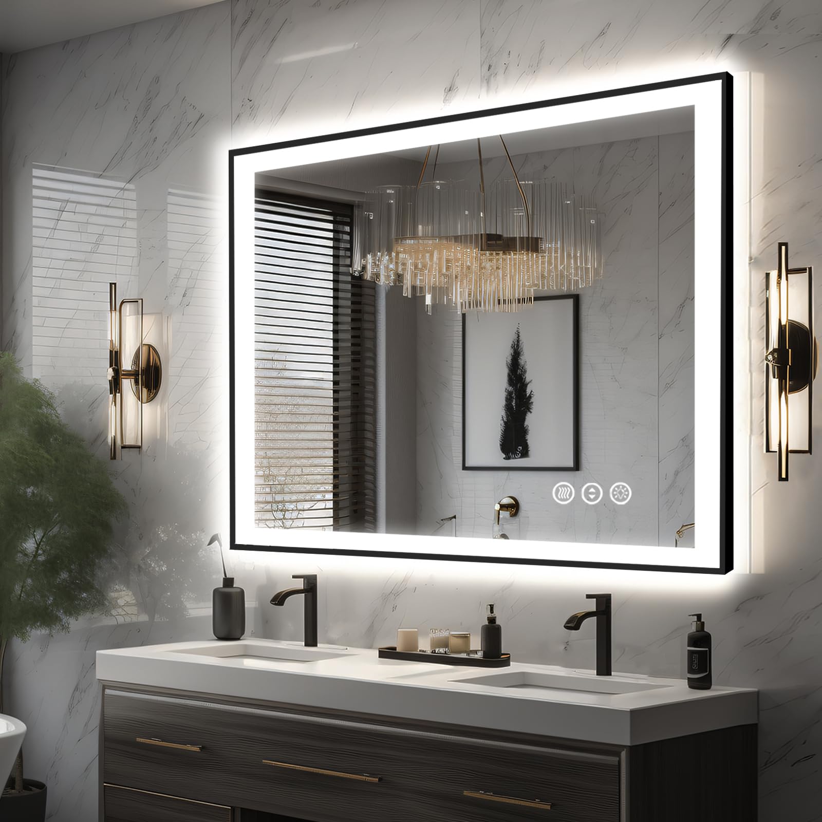 Lighted Bathroom Mirror, Wall-Mounted, Black Rim Mirror