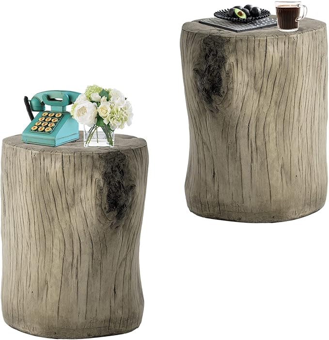 Concrete Outdoor Side TableSet of 2, 2 Piece Tree Stump Modern Round Coffee Table Accent Table