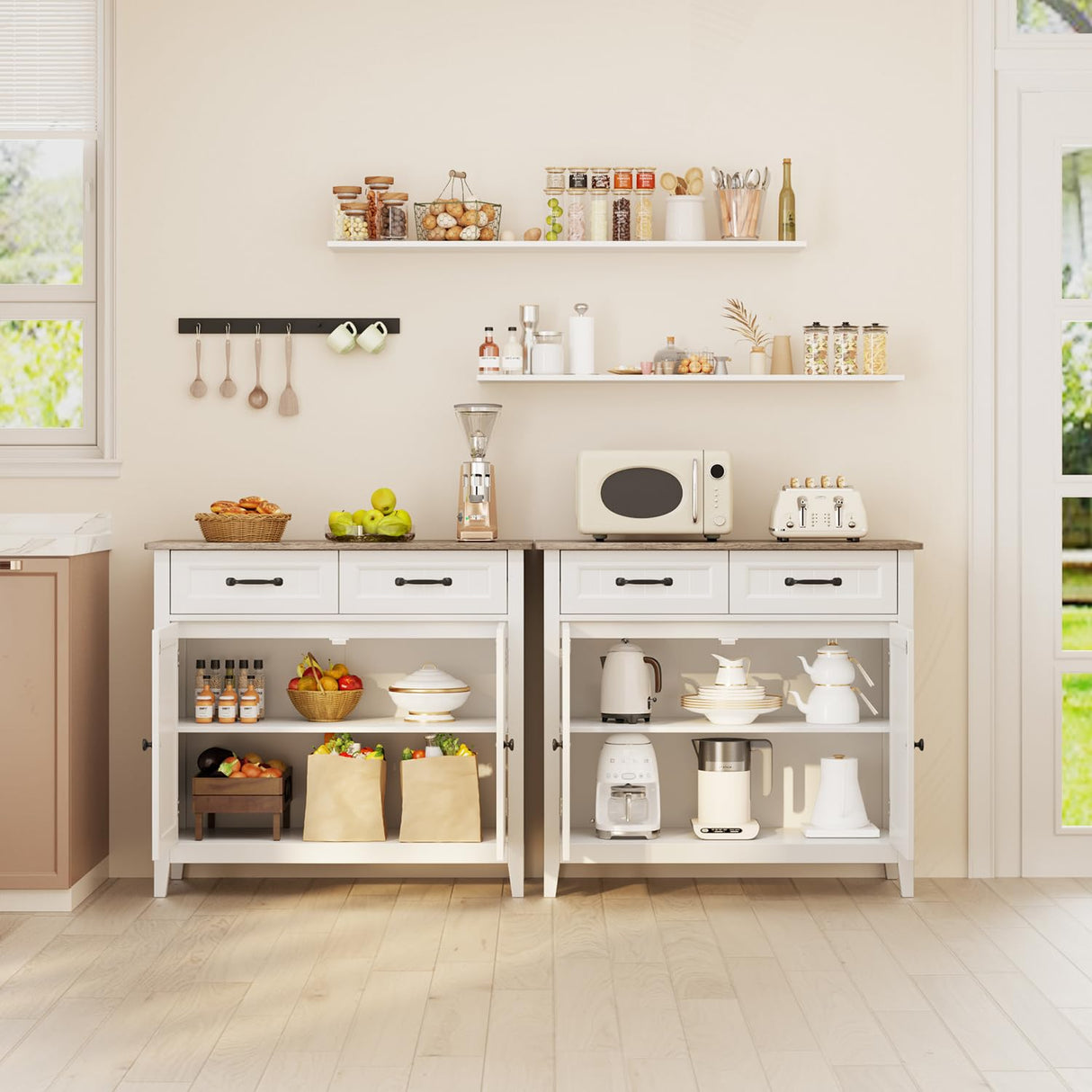 Kitchen Sideboard Buffet Cabinet, 32'' H Large Kitchen Storage Island and Adjustable Shelf
