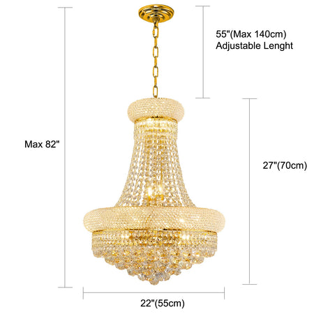 chandiry 12 Lights Gold Finish Empire Crystal Chandelier Lighting for Dining Room Living Room Foyer Hallway Bedroom Entryway (Dia 22'')