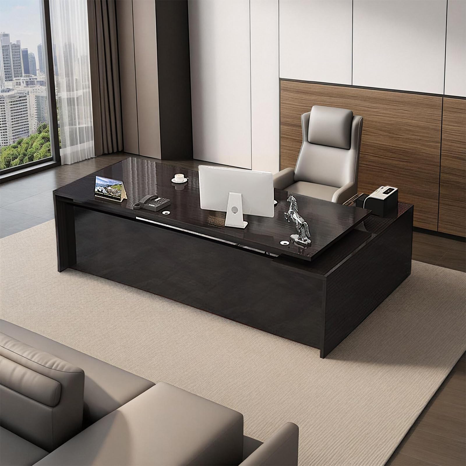 Modern L-Shape Executive Desk with Wood Shelves, Cabinets and Cable Management