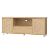 Boho TV Stand for 65 inch TV, Rattan Entertainment Center with Doors and Adjustable