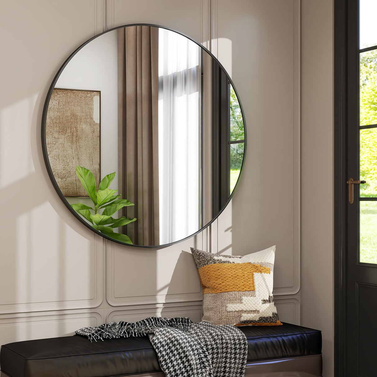 42 Inch Round Bathroom Mirror - Black Wall Mounted Circle Mirror with Metal Frame