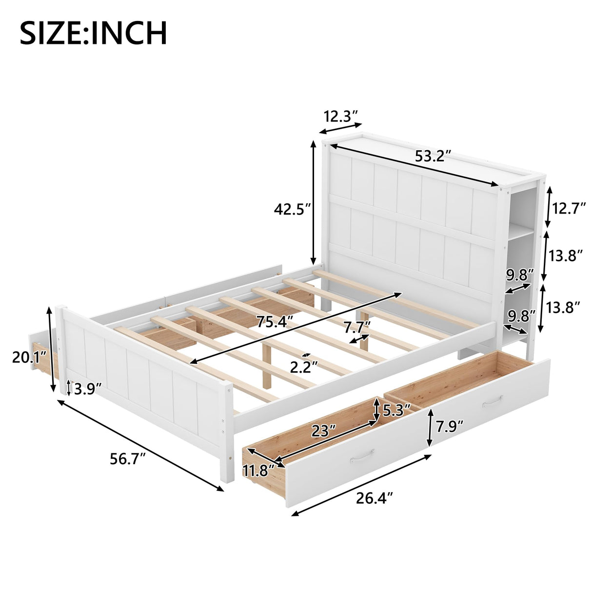 Merax Full Size Platform Bed with Drawers and Storage Shelves, White