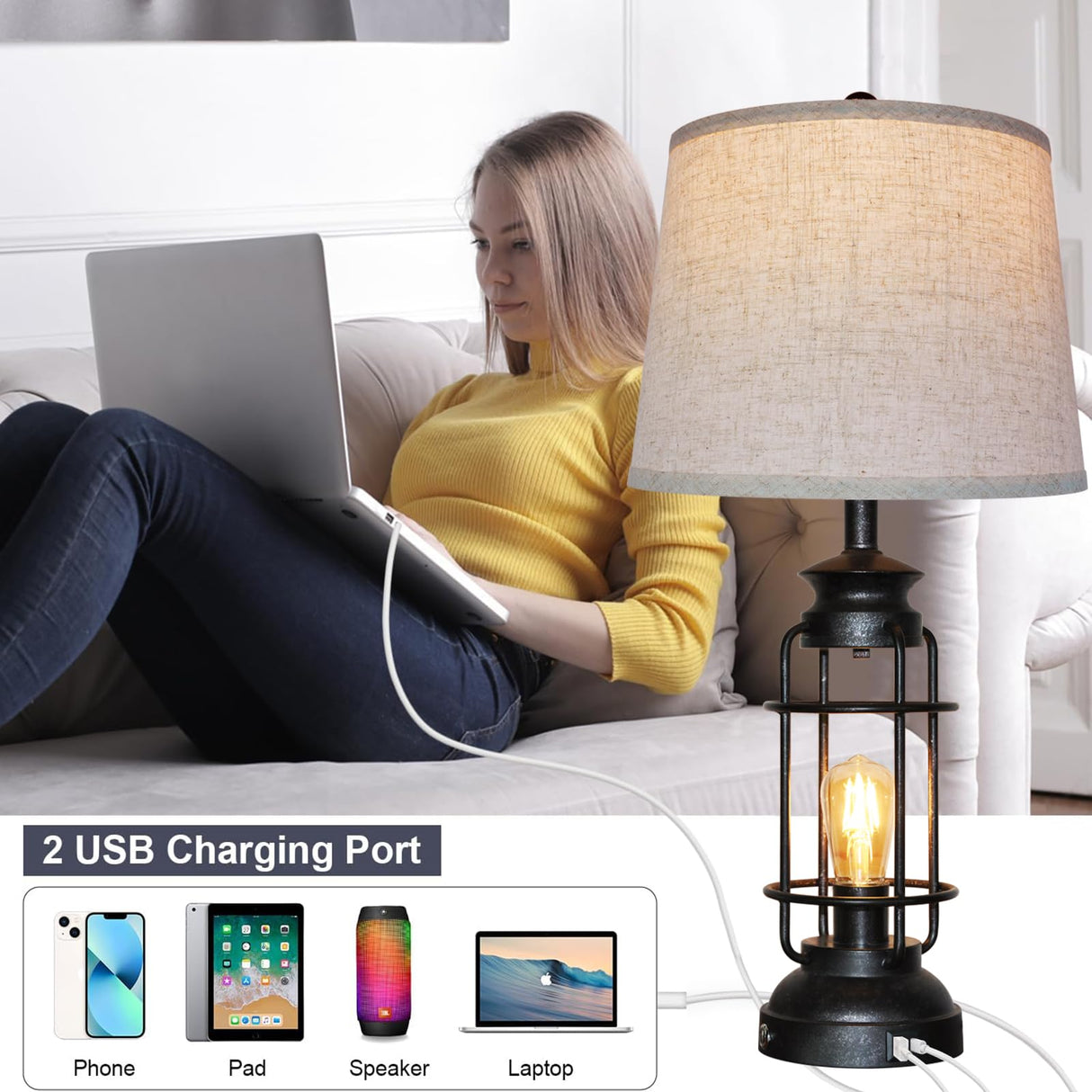 Table Lamps Set of 2 with USB Port 3 Way Dimmable Touch Lamps 28.5" Tall Rustic