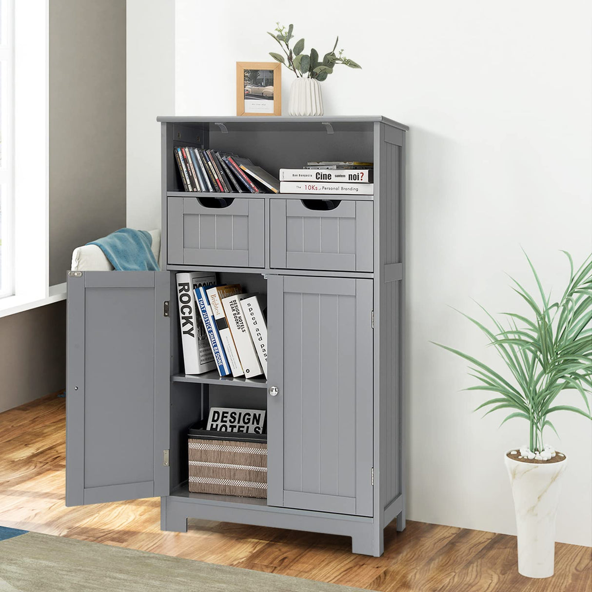 Bathroom Storage Cabinet, Freestanding Storage Organizer with 2 Drawers & Adjustable Shelf,