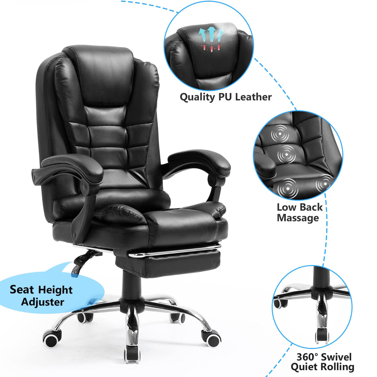 Reclining Massage Office Chair with Footrest, Executive Office Chair with Lumbar Support