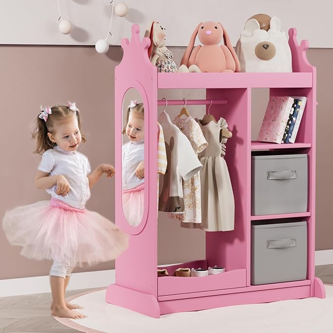 Kids Wardrobe with Mirror, Open Dress Up Storage Kids Armoire Wardrobe