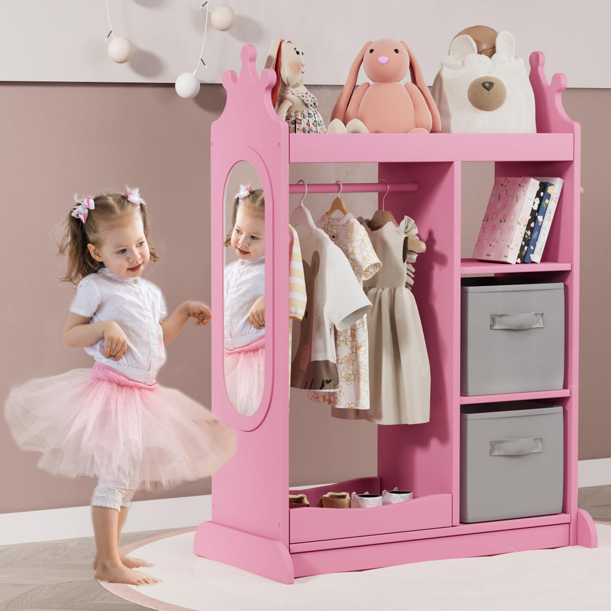 Kids Wardrobe with Mirror, Open Dress Up Storage Kids Armoire Wardrobe