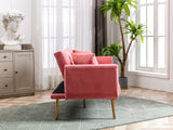 Convertible Velvet Futon Sofa Bed, Upholstered Loveseat Sleeper Couch with 3 Reclining Angles and 2 Pillows, Modern Living Room Sofa Couch with 5 Solid Metal Legs for Guest Room, Office, Peach
