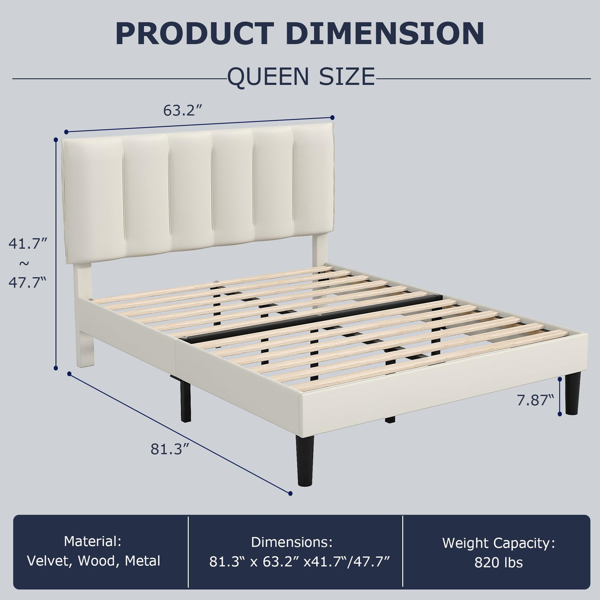 Queen Bed Frame with Upholstered Headboard, Heavy-duty Platform Bedframe